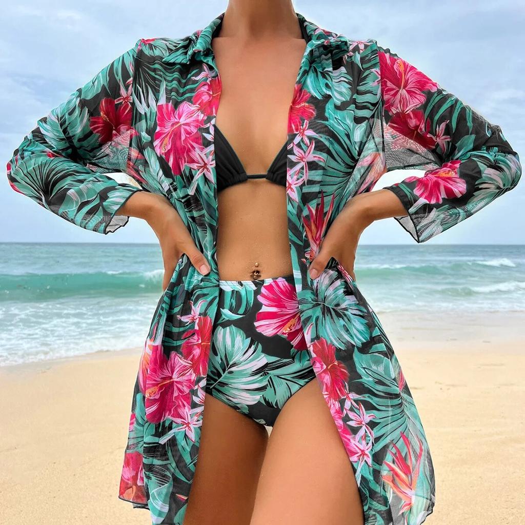 Dreiteiliger Bikini mit tropischem Druck für Frauen 2023 Neuer Badeanzug mit hoher Taille zum Überziehen Bademode Brasilianischer Biquini-Badeanzug