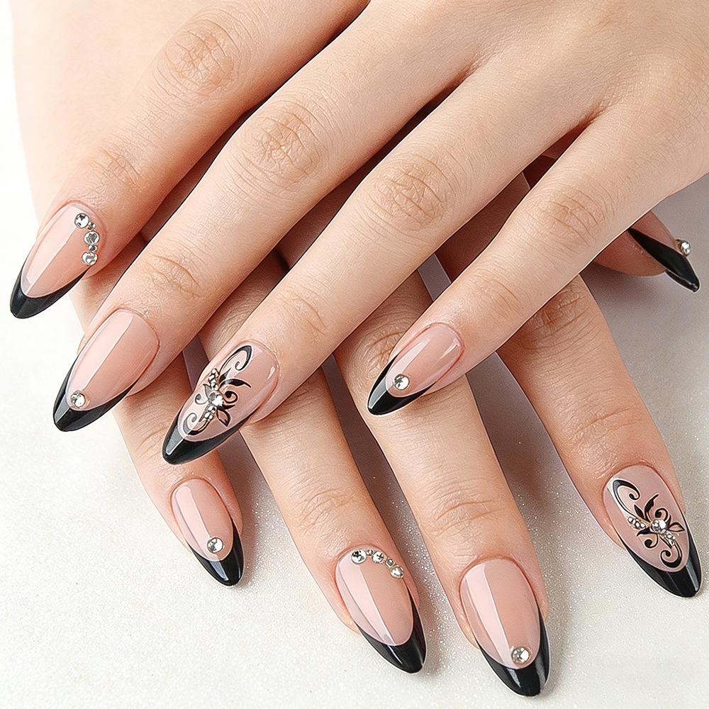 

24-Piece Black French Tip Wearable Nails with Floral Pattern and Rhinestones - Medium Water Drop Shape, Removable False Nails for a Spicy, Chic Look.