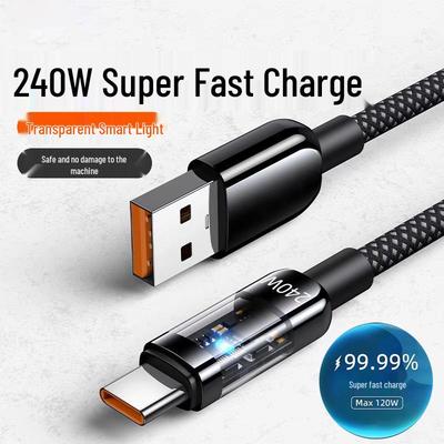 Cablu Luminos Plat Rotund Type-C de 2m, 240W Super Fast Charging, pentru Huawei Honor 6A