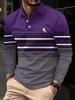 Stylish long-sleeve striped polo with horse logo, casual.