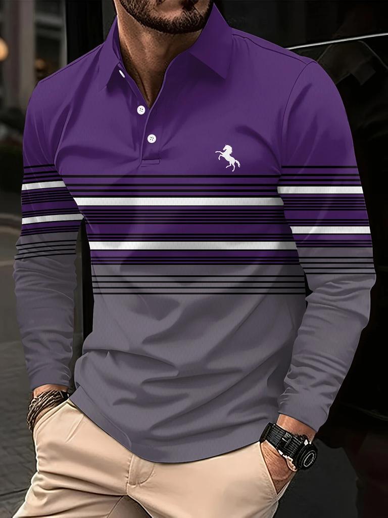 Stylish long-sleeve striped polo with horse logo, casual.