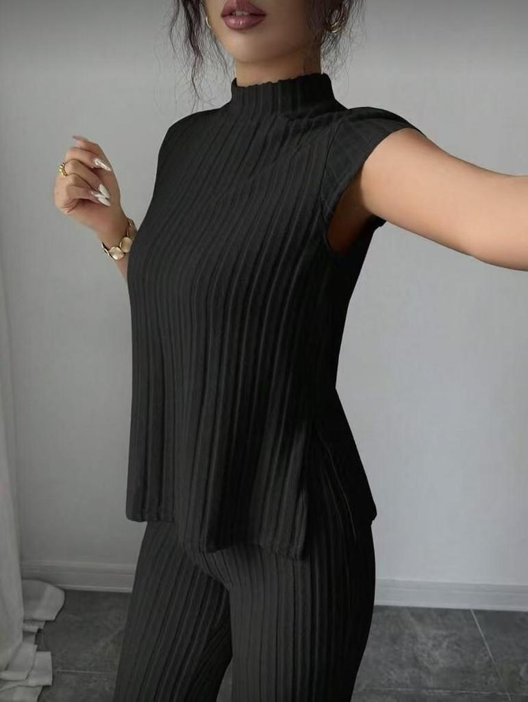 European Women's Solid Color Short-sleeve T-shirt & Ribbed Pants Set - 2025 Style