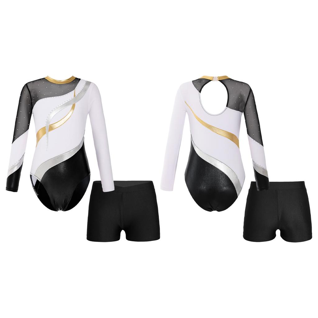 Kids Girls Long Sleeve Gymnastic Leotard with Shorts Athletic Dance Unitards Performance Competition Costume