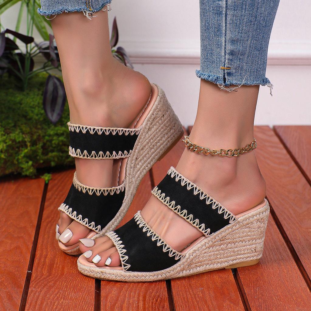 Thick-bottomed Large-size Cross-toed High-heeled Slippers Women's New Hemp Rope Wedge Heel Sandals