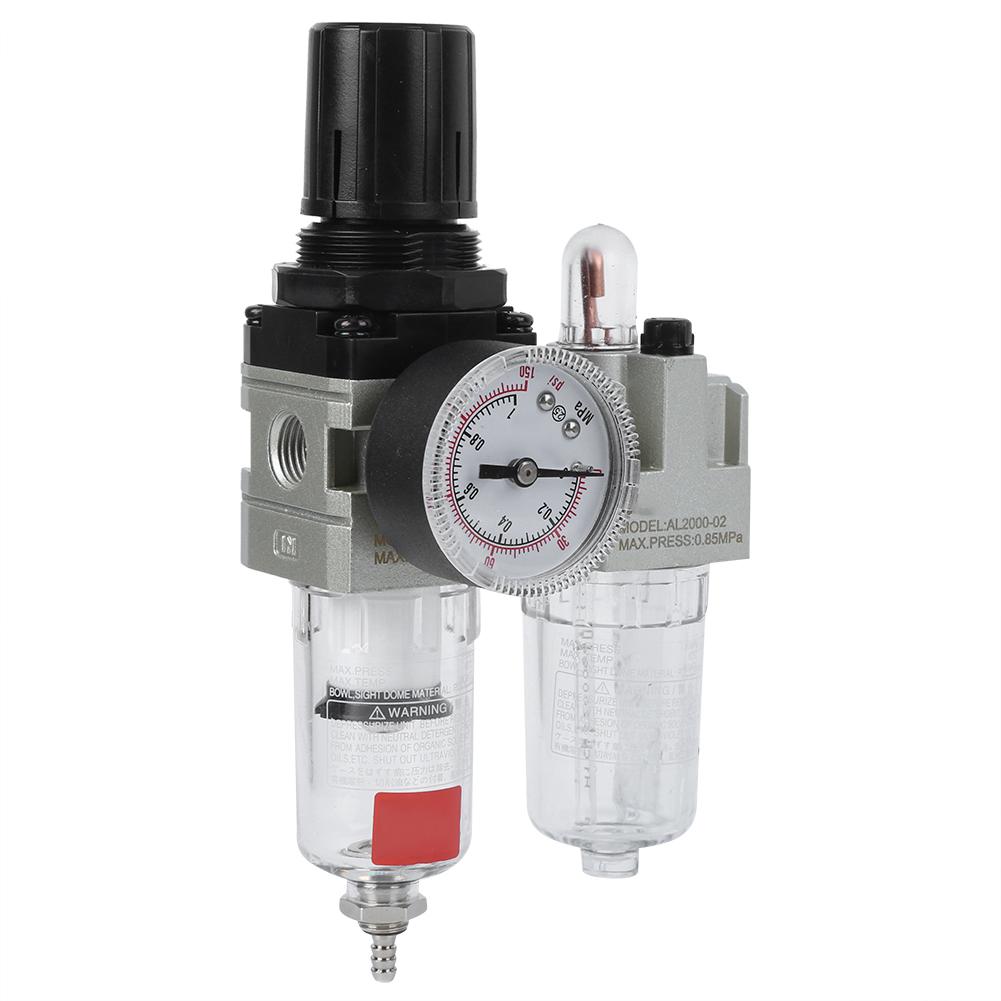 Odlučovač vzduchu, oleje a vody, dvojitá jednotka, tělo z hliníkové slitiny, ochranný kryt z litiny, manometr