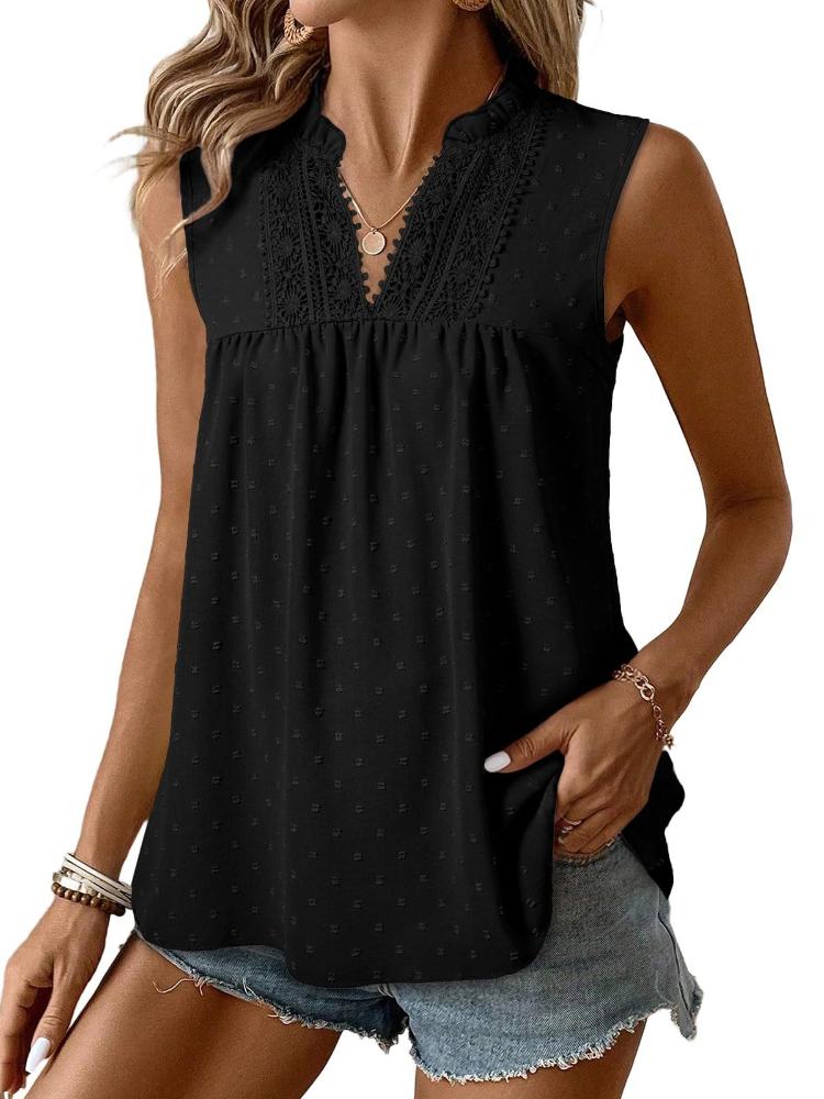 

Sleeveless V-neck Blouse with Lace Detail and Swiss Dot Pattern XXL чорний