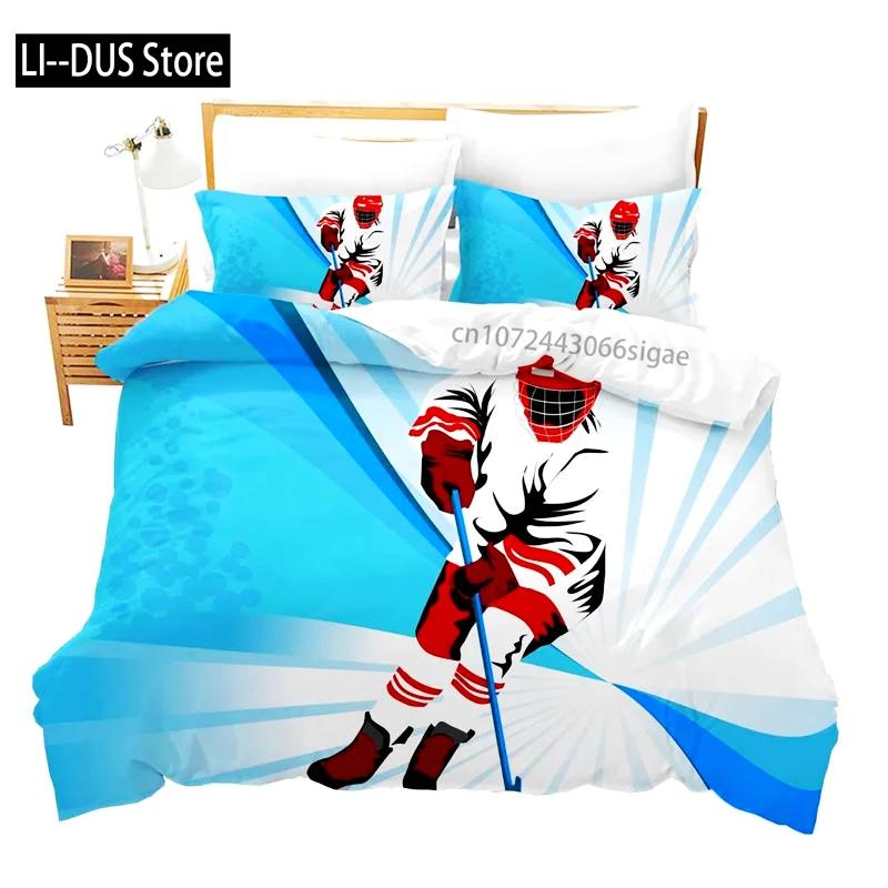 Kids Ice Hockey Duvet Cover Full Hockey Player Pattern Bedding Set Winter Sports Theme Quilt Cover for Youth Teen Boy Room Decor