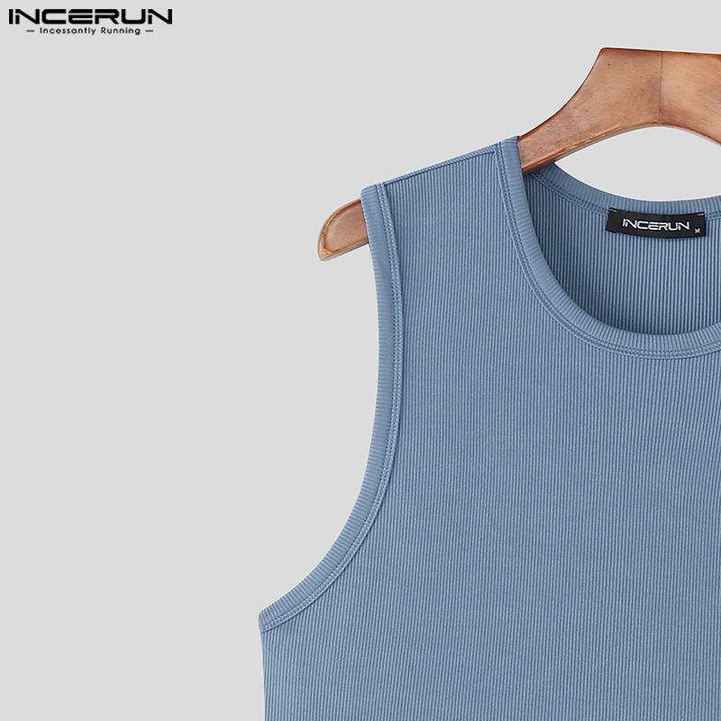 INCERUN Summer Men Round Neck Sleeveless Semi-Sheer Rib Casual Tank Tops