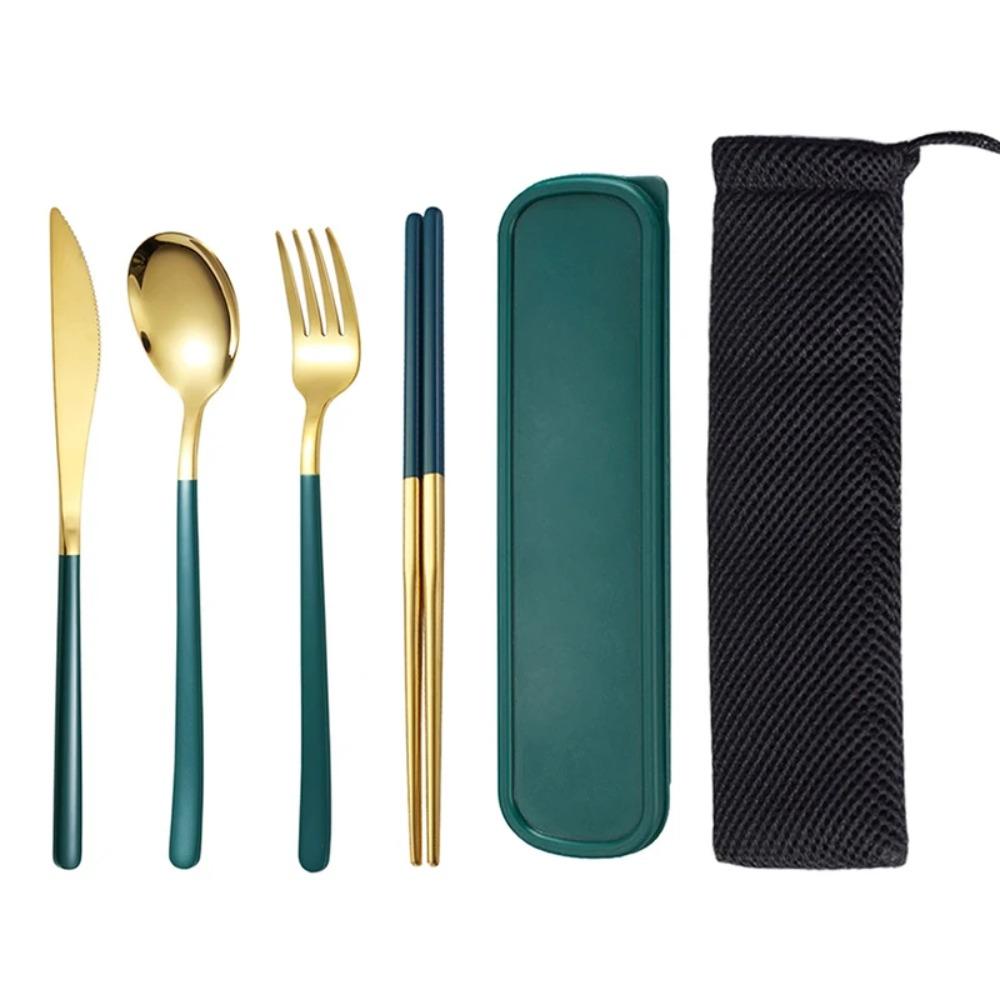 4pcs/Set 304 Stainless Steel Tableware Set with Case Bag Chopsticks Spoon Fork Knife  Camping