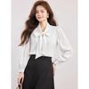 Autumn 2025 Women's Sweet Chiffon Blouse with Puff Sleeves & Bow V-Neck