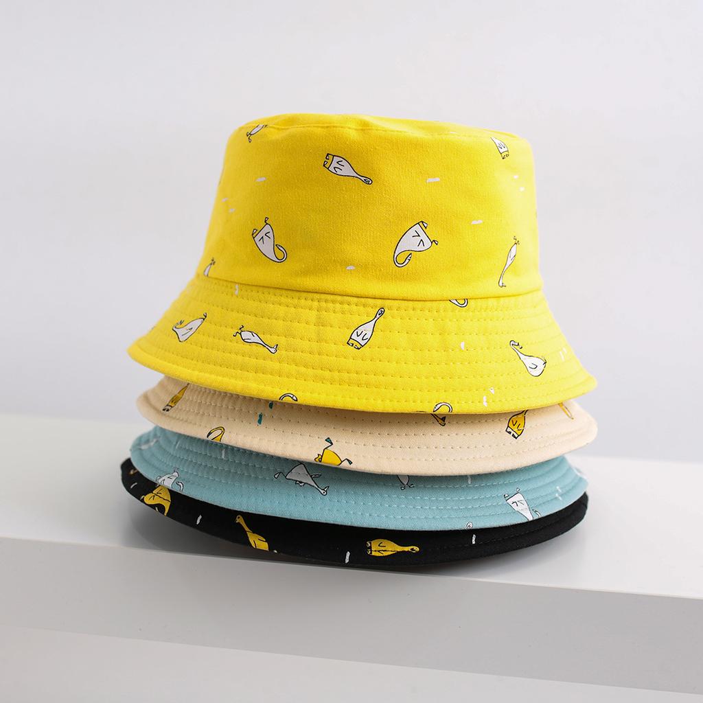 Hot, double-sided bucket hat women's summer sunshade basin hat cartoon print short-brimmed sunscreen damp hat