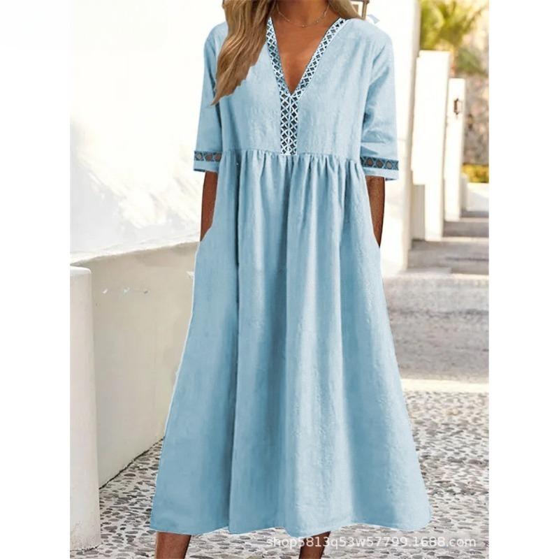 VEZFAA Women's Fashion Summer Spring Solid Color Print Short Sleeve V-Neck Loose Waistline Casual Dresses