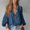 Dames V-hals Lange Mouwen Blouse Effen Kleur Casual Losse Pasvorm Strandvakantie Top