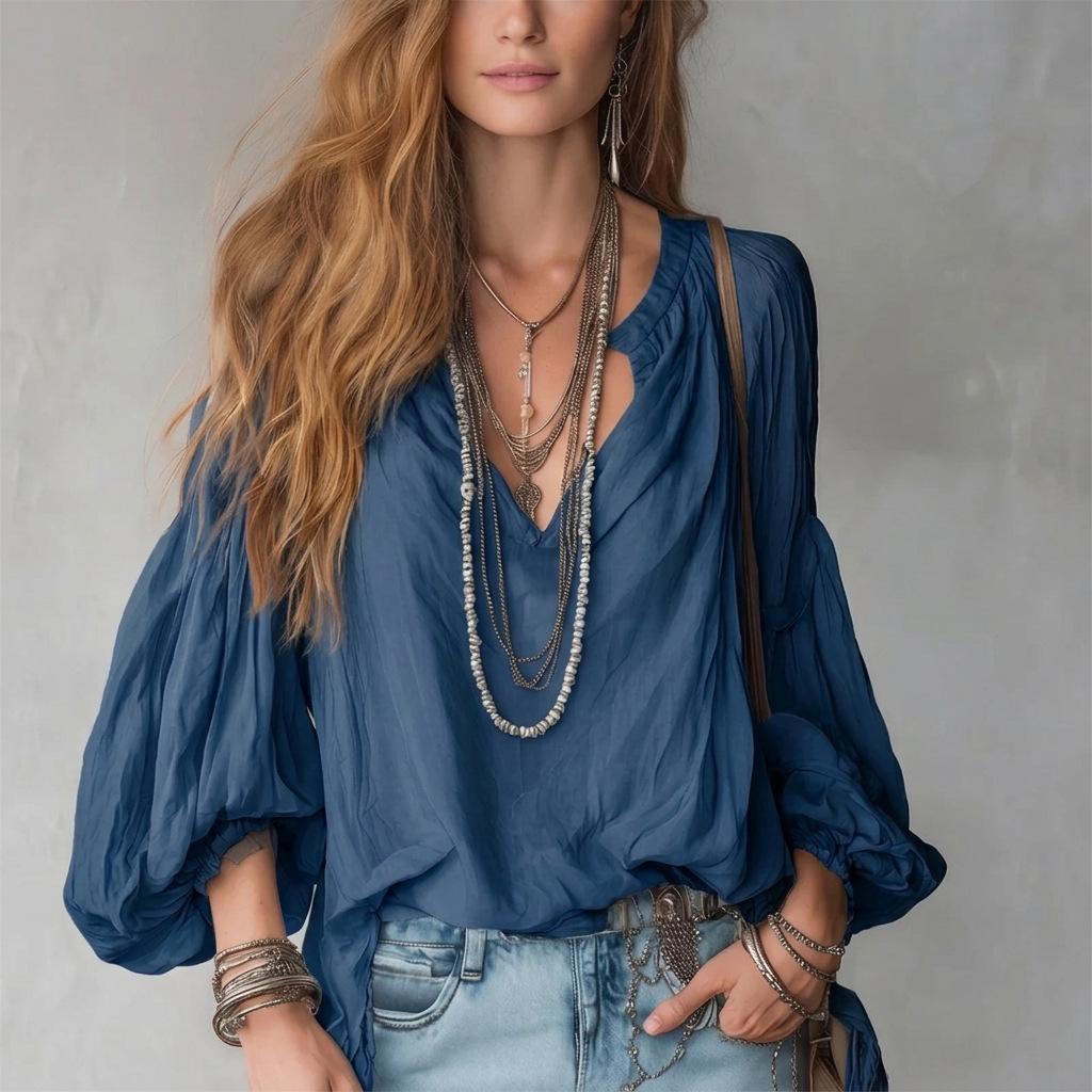 Dames V-hals Lange Mouwen Blouse Effen Kleur Casual Losse Pasvorm Strandvakantie Top