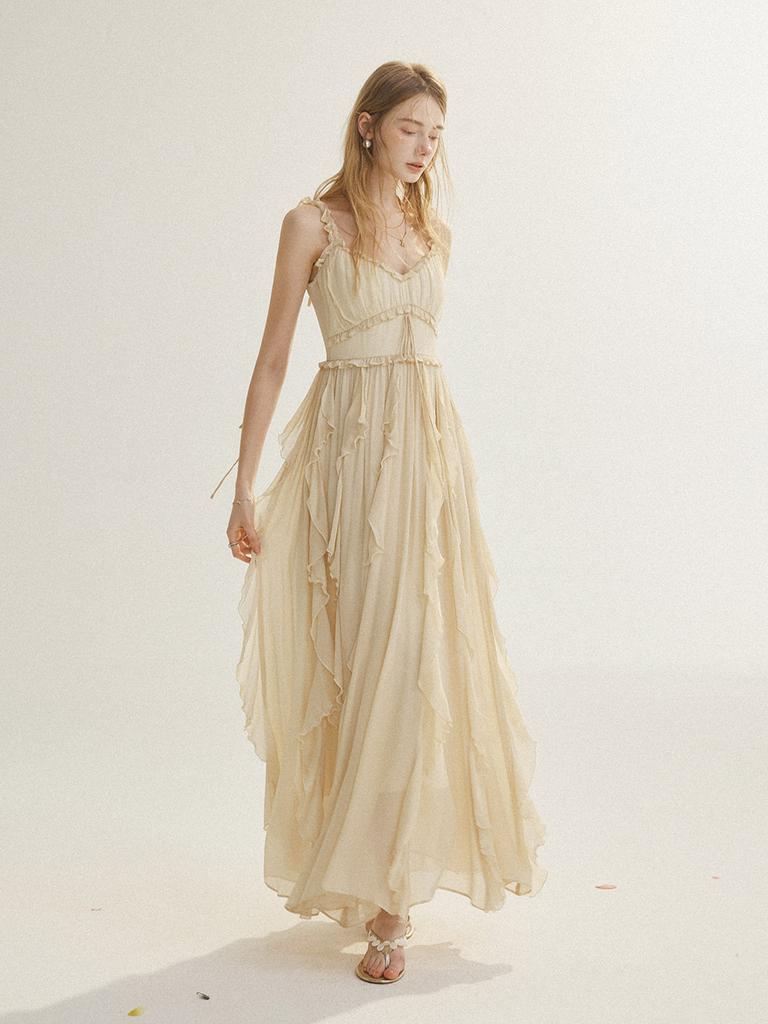 Sinseuden Of Ruffle Sleeveless Long Dress
