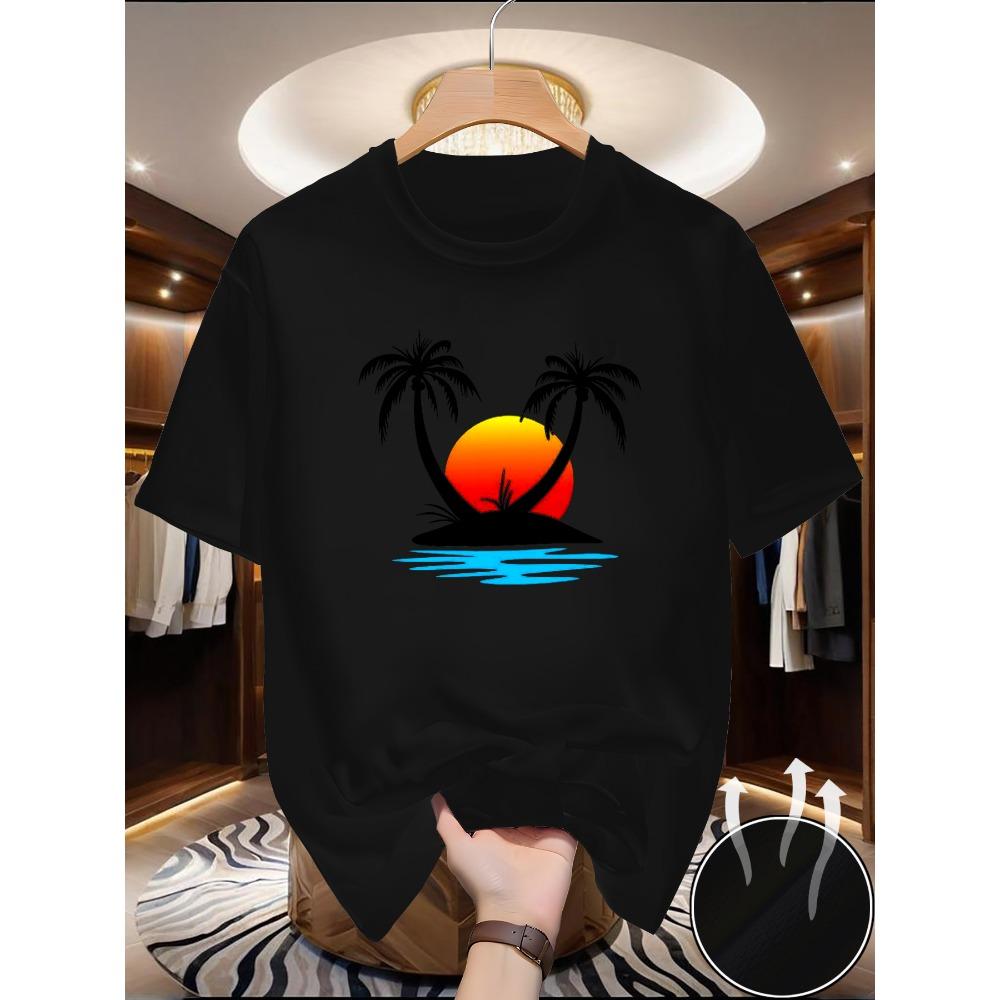 Men's Summer Loose and Comfortable Breathable Coconut Tree Print Round Neck Short Sleeved T-shirt Top