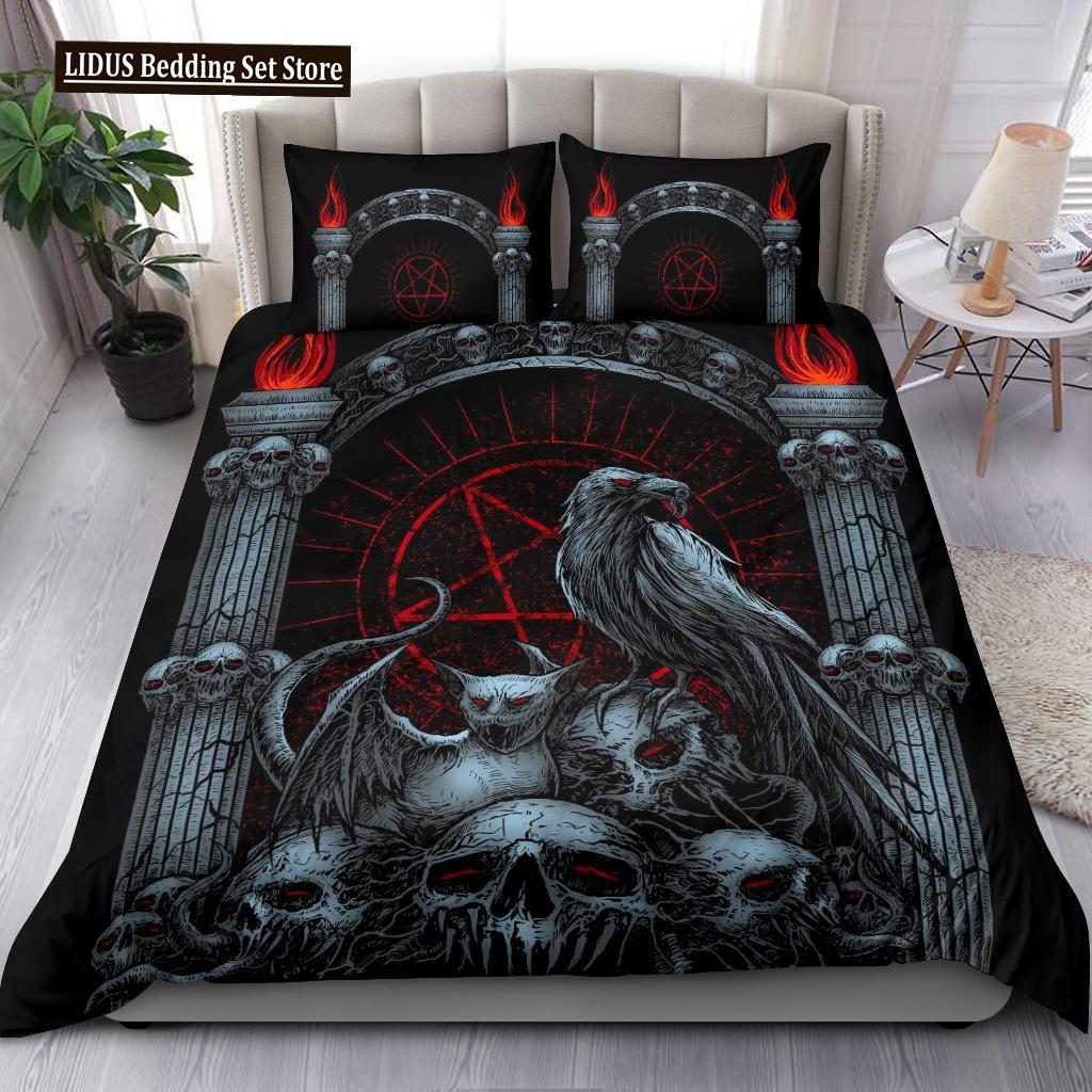 Skull Skeleton Satanic Goat Skull Duvet Cover Set Trophy Demon Breed Bedding Sets Night Blue Pink Satanic Baphomet Quilt Cover