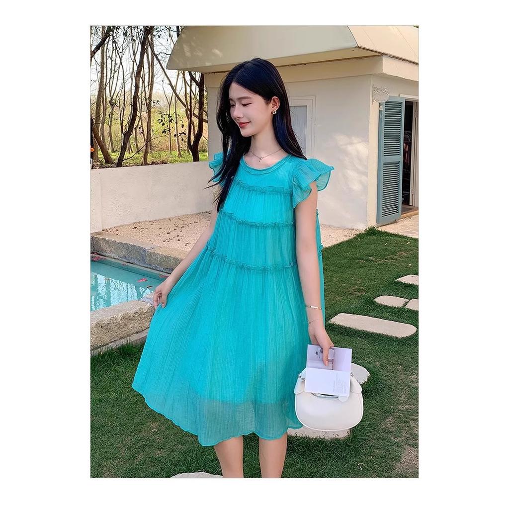 Coffee Break French Blue Small Flying Sleeve Dress Women's Summer High Sense Dopamine Seaside Resort Beach Long Skirt