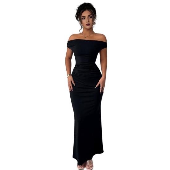 Off The Shoulder Maxi Dress for Women Ruched Fishtail Sexy Bodycon Long Dress with Metal Accent Wedding Guest Party Evening Gown