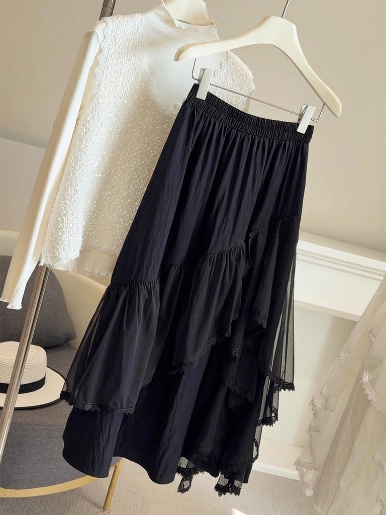 Irregular Lace Trim Mesh Midi Skirt - Women's High Waist A-line Skirt, Slimming & Hip-Covering Design for Spring 2026.