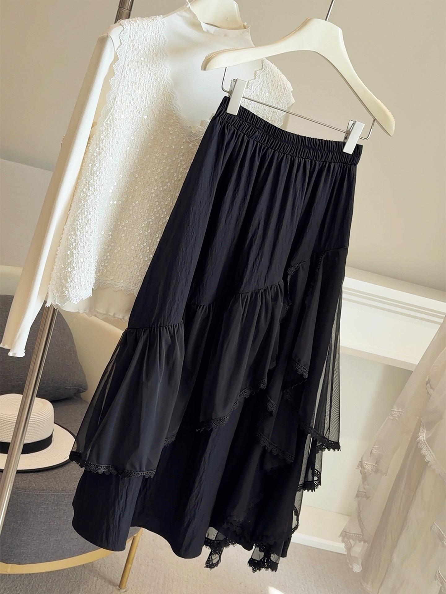 Асимметричная сетчатая юбка миди с кружевной отделкой - Женская юбка А-силуэта с высокой талией, стройнящий дизайн, скрывающий бедра, Весна 2026. One Size чёрный