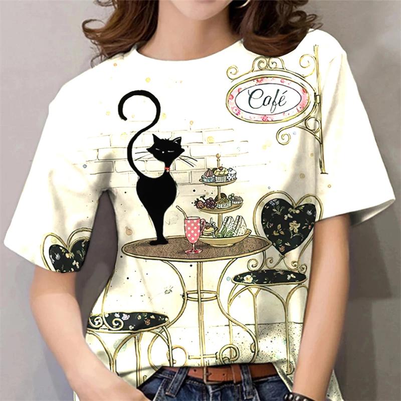 2025 T-Shirt For Women Kawaii Cat Print Tops Summer Oversized Tshirts Womens Clothes O-Neck Tees Female Clothing Fashion Blouse