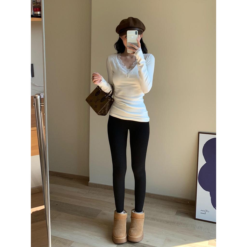 White Lace Patchwork V-Neck Slim Fit Long Sleeve Top for Women - Autumn/Winter Base Layer T-shirt
