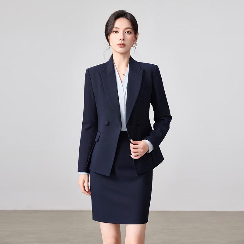 Teluoman Women's Dark Blue Blazer & Wide-Leg Pants Suit Set