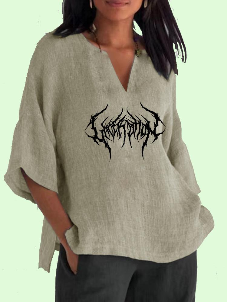 

Женский хлопковый льняной топ больших размеров 3/4, рубашка с длинным рукавом, модный женский повседневный пуловер с v-образным вырезом, свободные блузки с принтом