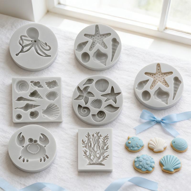 WTEMPO 6pcs Creative Ocean Starfish Coral Octopus Crab Conch Shaped Molds DIY Epoxy Resin Molds Set Silicone Molds for Clay Candle Crafts Making