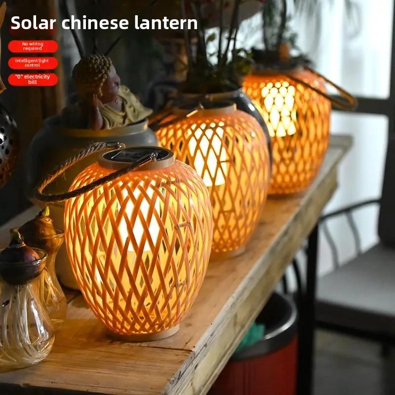 Solar Powered Bamboo Lantern Outdoor Homestay Courtyard Hand-held Chandelier Balcony Decorative Atmosphere Lantern