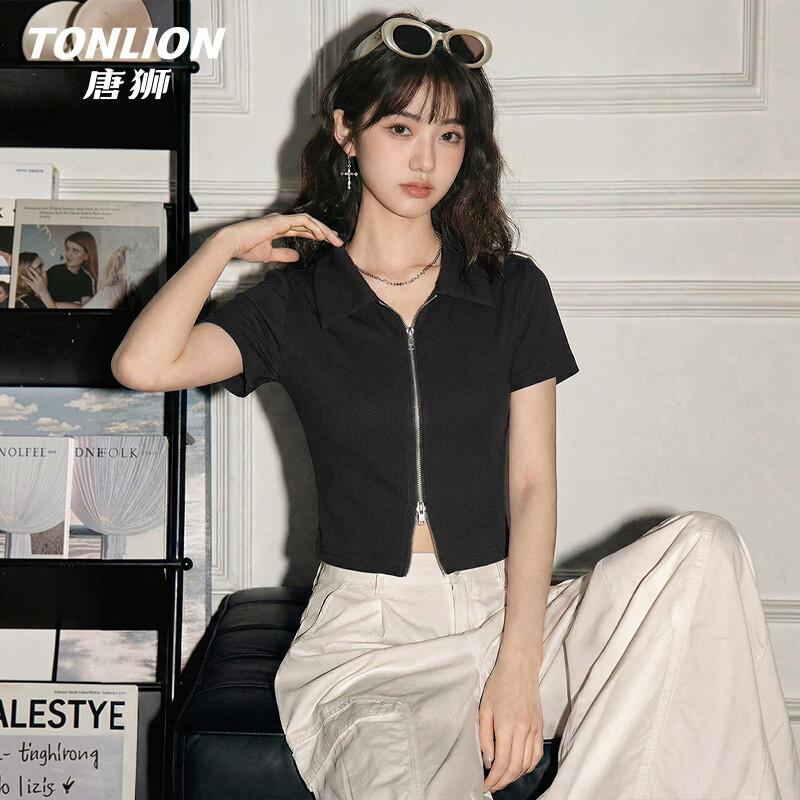 TonLion Women s Polo Neck Zipper Short Sleeve T-shirt XL
