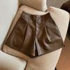 Women Chic Fashion Side Pockets Black Faux Leather Shorts Vintage High Waist Zipper Fly Female Short Pants