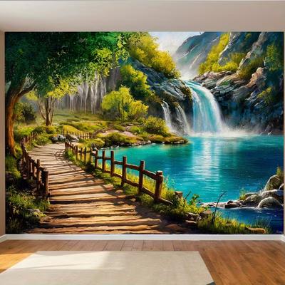 Waterfall Lake Tapestry Wall Hanging, Forest Wooden Path & Green Nature Landscape Wall Art for Home Decor