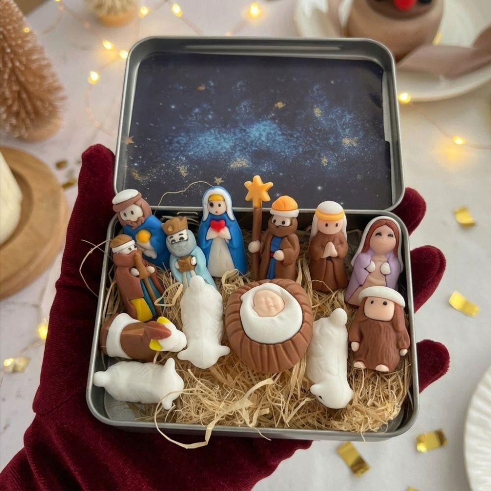 Hand Painted Mini Christmas Trough Set Metal Tin Box Christmas Figurines Indoor Display