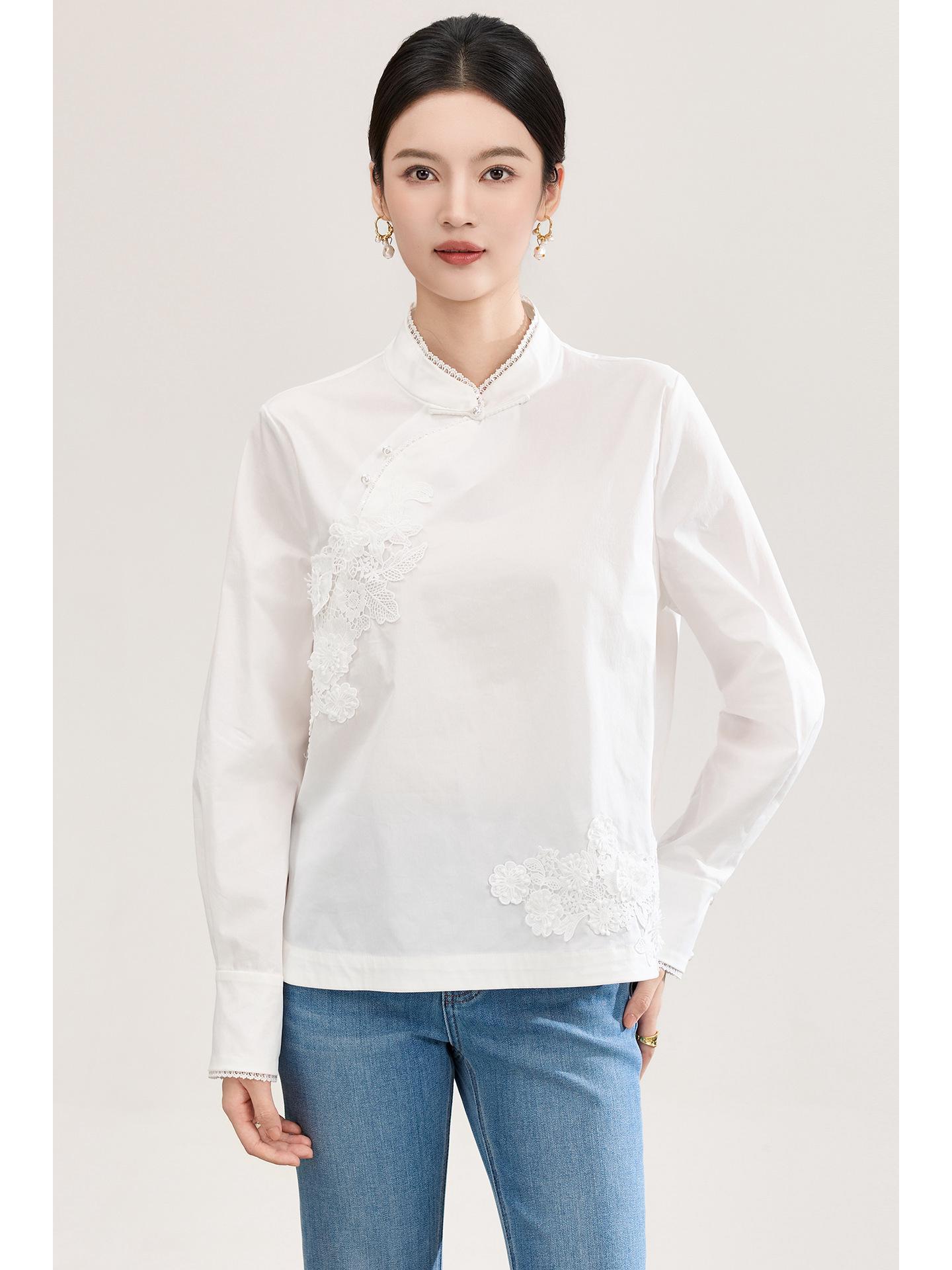 Women s Spring Cheongsam-Style Tencel Cotton Embroidered Flower Shirt XL слоновая кость