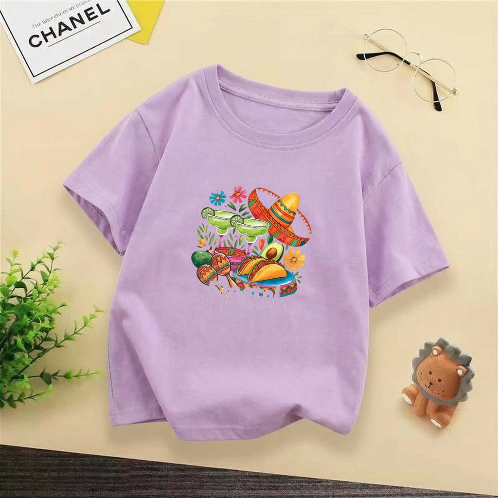 Cartoon Painted Mexico May 5th Festival Childrens Tshirt Ethnic Style Casual Short Sleeved Tshirt for Boys and Girls