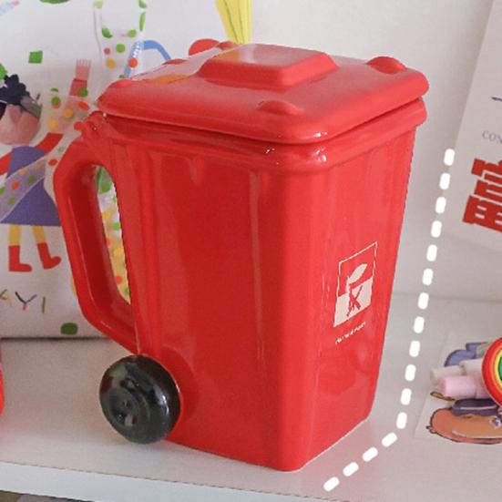 Yousheng Funny Trash Bin Ceramic Mug with Lid, Novelty Garbage Can Drinking Tea Cup with Handle, Recycling Bin Coffee Mug, Gag Gifts for Coworkers