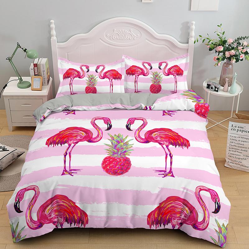 3D Flamingo Printed Bedding Set King Queen Size Cartoon Pink Animals Duvet Cover With Pillowcases 2/3pcs Polyester Quilt Cover