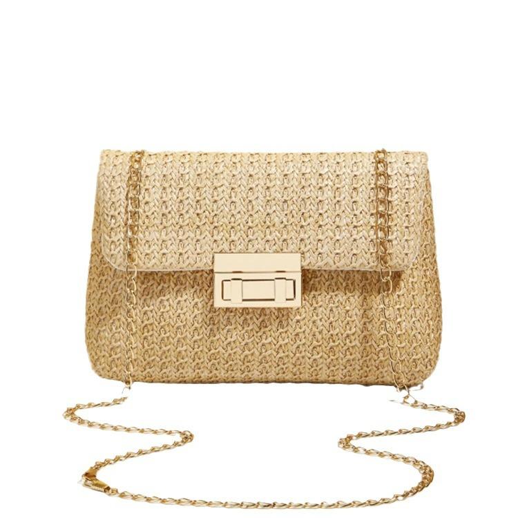 Gewebte Stroh-Handgewebte Damen-Schultertasche,Modische Uni-Farbe Crossbody-Tasche mit Schlossverschluss