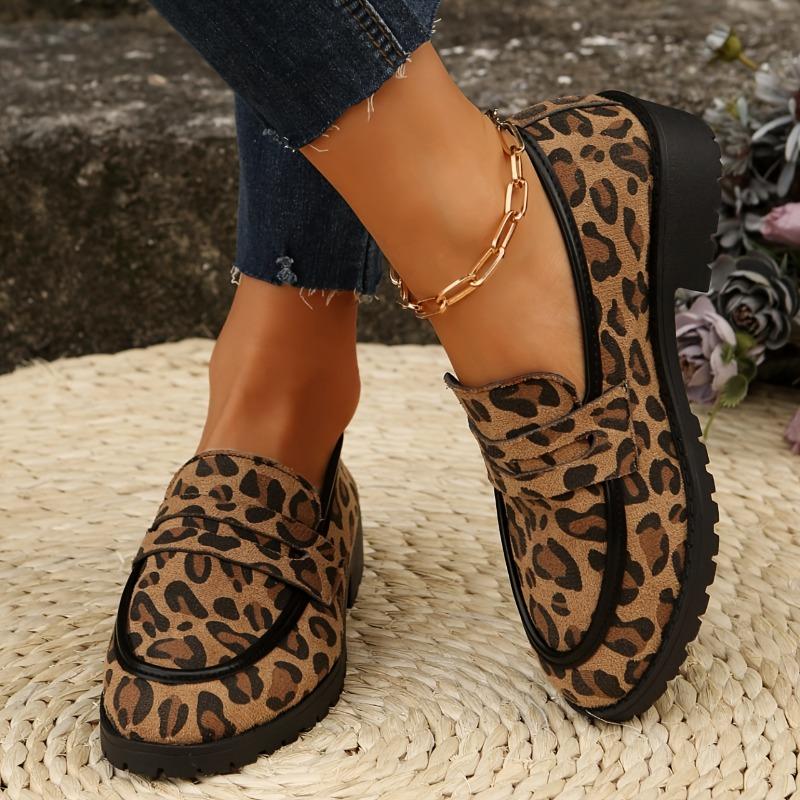 Women's Leopard Print Loafers - Slip-On Casual Shoes, Round Toe, Flat Sole, British Style, All-Season Comfort, Black & Brown Animal Print Design