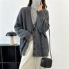 Korean version medium and long gray V-neck long-sleeved knitted cardigan women's autumn new fashion loose lazy wind sweater jacket