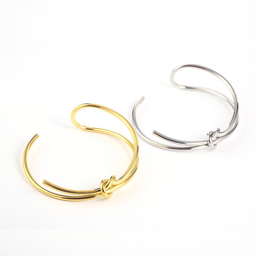 Women's 18K Gold Plated Knot Bangle - Creative Design, Long & Short Opening, Fashionable Titanium Steel Jewelry