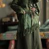 Retro Artistic Green Tassel Half Skirt - Cotton Linen with Color Blocking & Double Layer Design