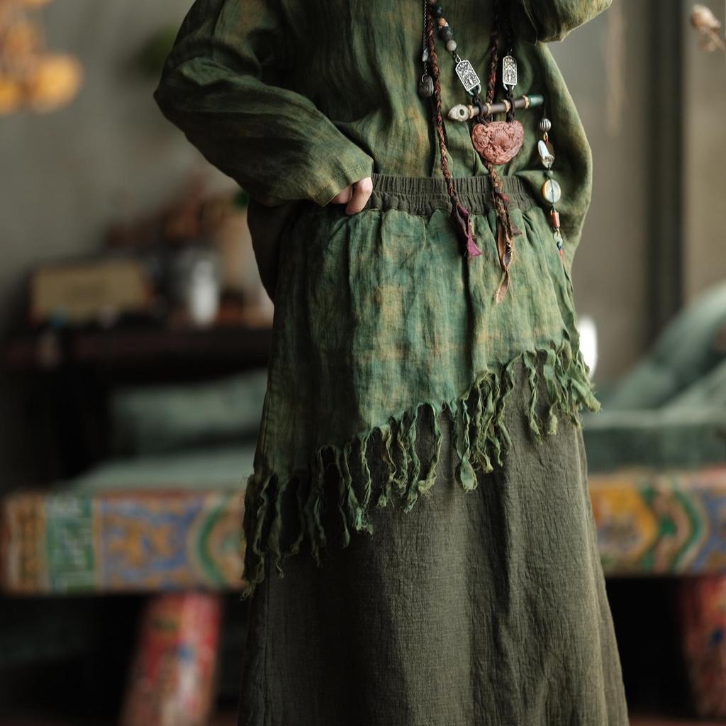Retro Artistic Green Tassel Half Skirt - Cotton Linen with Color Blocking & Double Layer Design