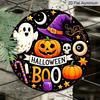 2D Flat, 1pc Round Vintage Gothic Aluminum Hanging Sign Compatible for Halloween Decor - BOO Text, Pumpkin, Witch Hat - Indoor/Outdoor Door Wall