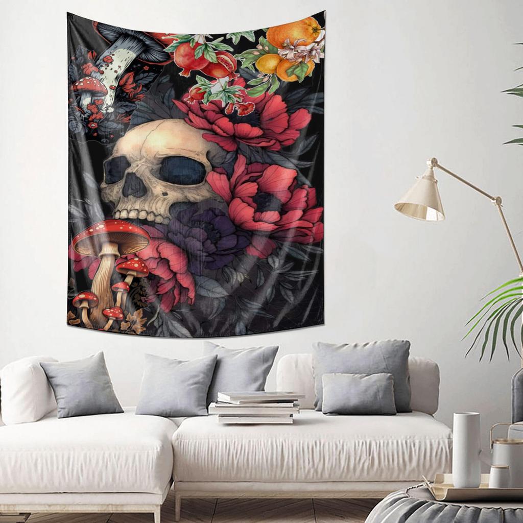 Mysterious Skull and Floral Tapestry  Dark Fantasy Art Home Decor Wall Hanging