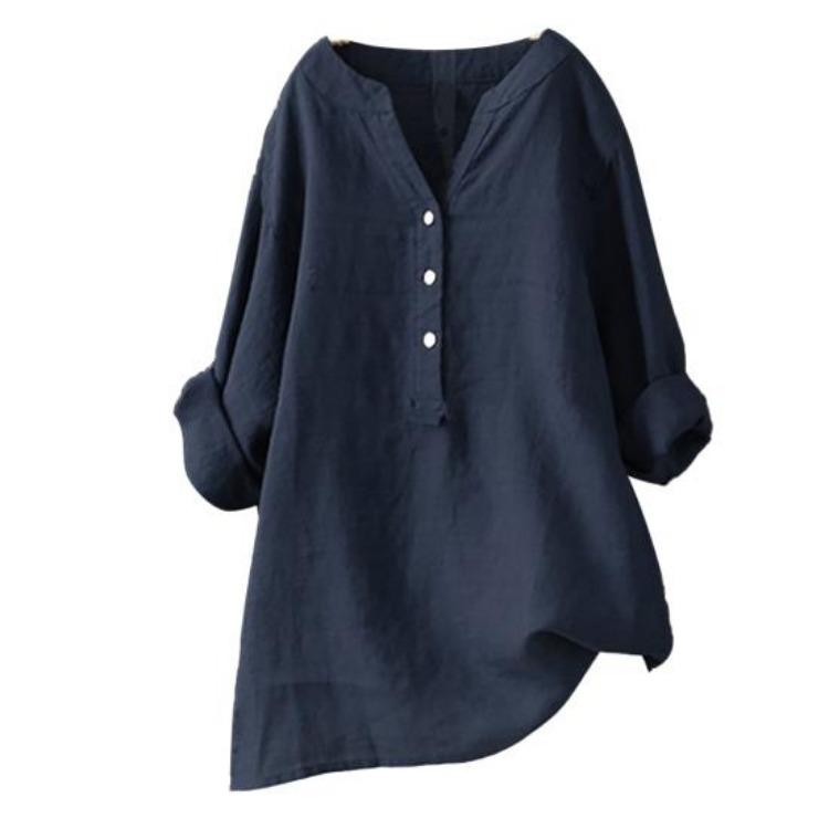 

Loose Linen Blouse Top Plus Size Women Solid Color V Neck Long Sleeve Shirt M темно-синий