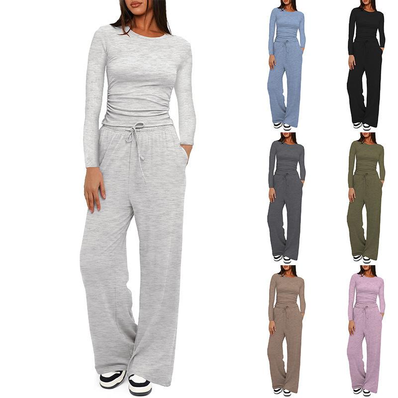 Women's Casual Long-Sleeve Top and High-Waisted Wide-Leg Pants Set for Fall