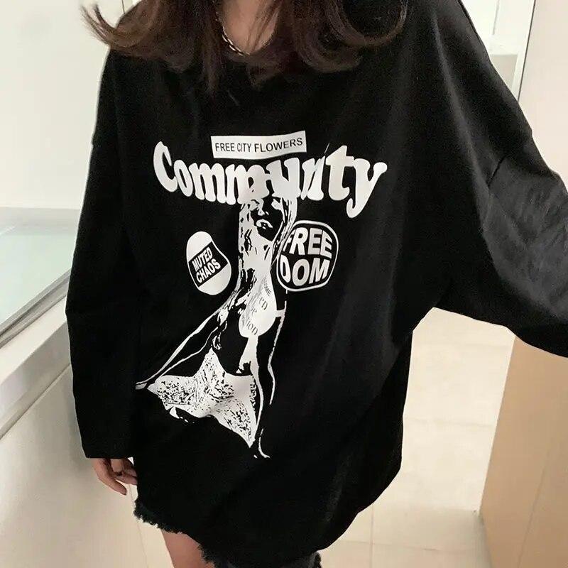 

Белые футболки, женские хлопковые футболки с длинным рукавом и круглым вырезом, корейские топы большого размера, повседневная модная футболка с принтом Y2k XXL чёрный